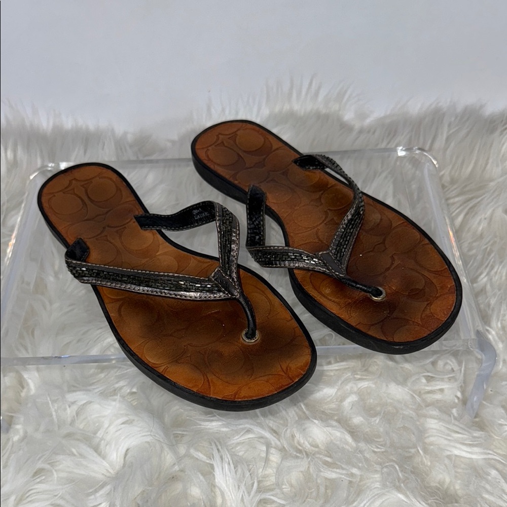 Coach Laurel Pewter Beaded Leather Sandals